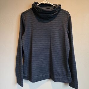 The North Face Women's Navy Blue Striped Adjustable Funnel Neck Pullover.